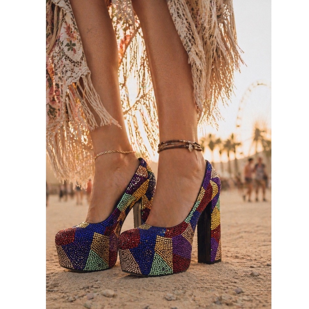 AZALEA WANG Margaret Multi Rhinestone‎ Platform Heels Party Colorful WOMEN 6